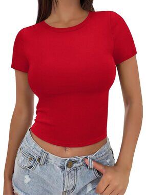 👑 Women's Red Short Sleeve Summer Trendy Tight Slim Fit T Shirt Cropped Tops